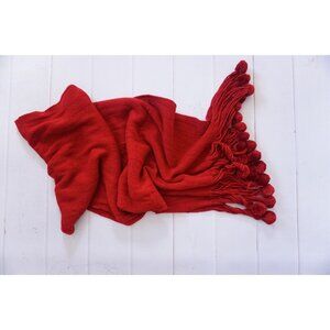 Red Winter Scarf with Pom Pom Tassels